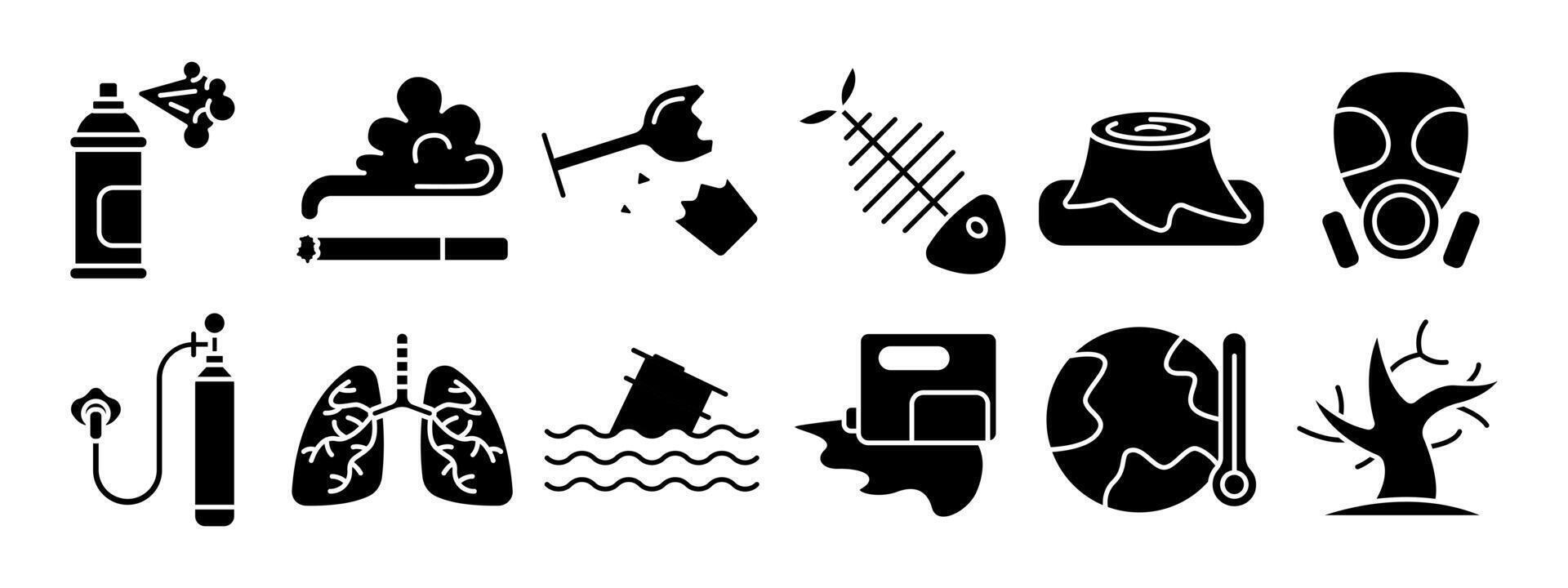 Pollution set icon. Spray can, cigarette smoke, broken glass, fishbone, tree stump, gas mask, oxygen tank, lungs, oil spill, global warming, deforestation. vector