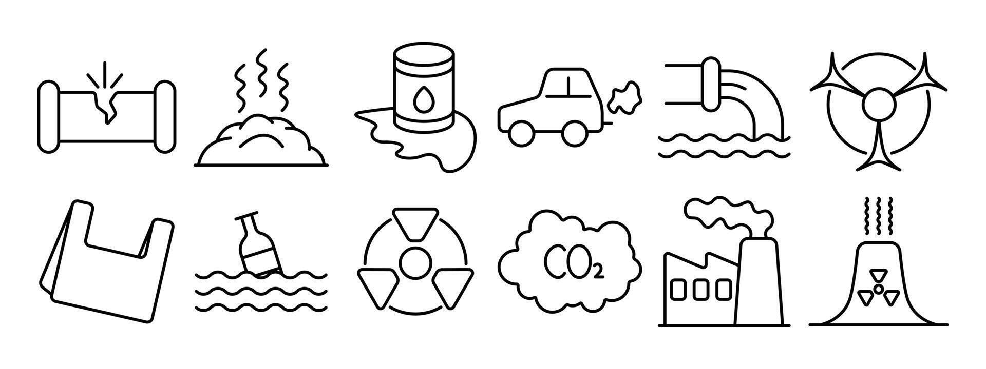 Pollution set icon. Environmental damage, air pollution, water contamination, radioactive waste, plastic waste, CO2 emissions, factory pollution, waste management. vector