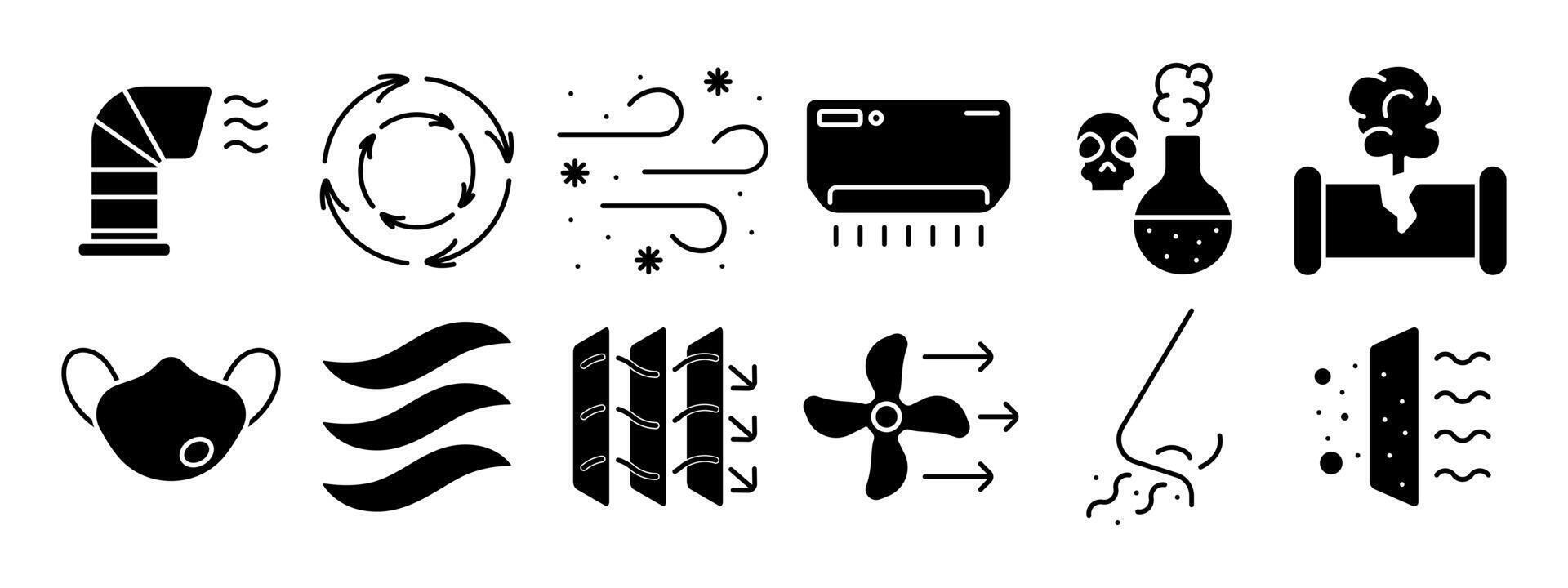 Environmental impact set icon. Pollution, emissions, deforestation, oil spill, water pollution, plastic waste, climate change, air quality, factory emissions, toxic waste, gas mask, lungs vector