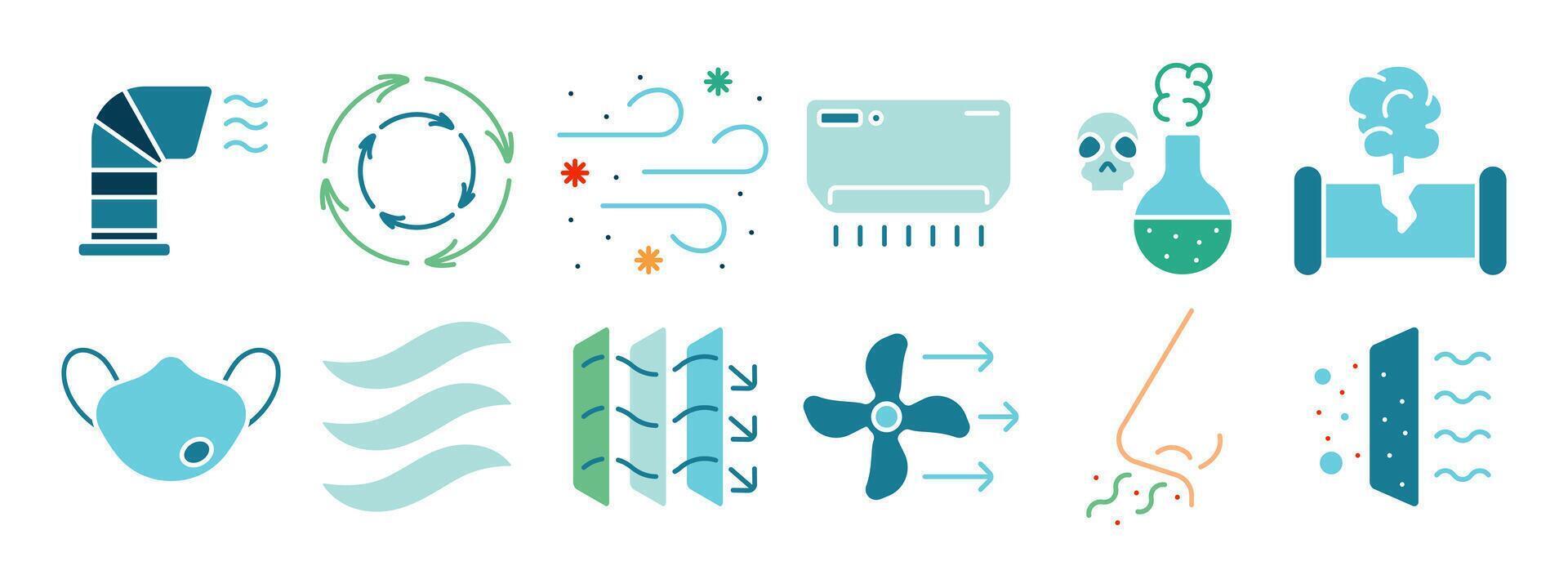Environmental impact set icon. Pollution, emissions, deforestation, oil spill, water pollution, plastic waste, climate change, air quality, factory emissions, toxic waste, gas mask, lungs vector