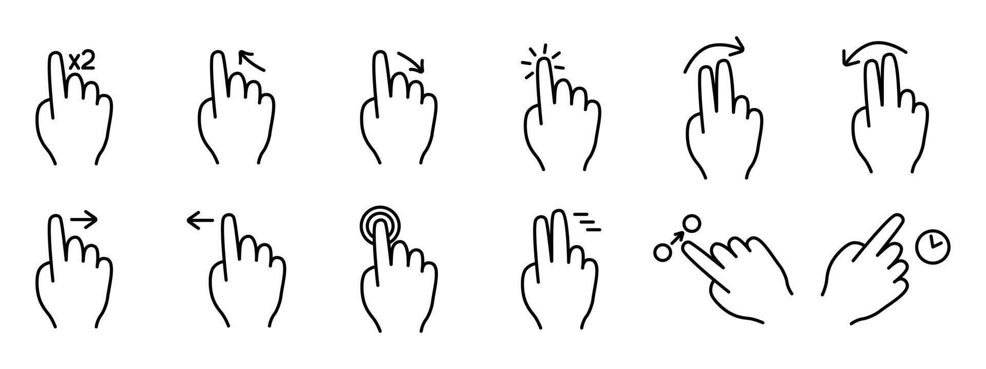 Gesture set icon. Swipe, tap, doubleclick, rotate, pinch, zoom, scroll, gesture, touchscreen, interaction, user interface, hand movement, multitouch, gesture, swipe, pinch, control vector