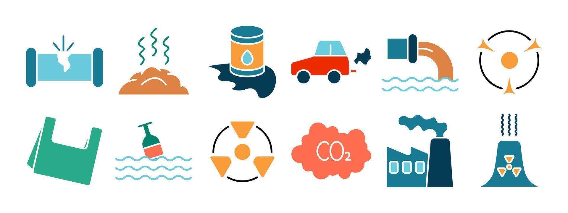 Pollution set icon. Environmental damage, air pollution, water contamination, radioactive waste, plastic waste, CO2 emissions, factory pollution, waste management. vector