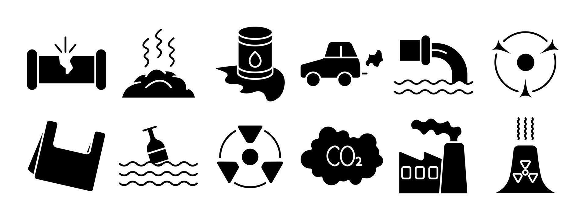 Pollution set icon. Environmental damage, air pollution, water contamination, radioactive waste, plastic waste, CO2 emissions, factory pollution, waste management. vector