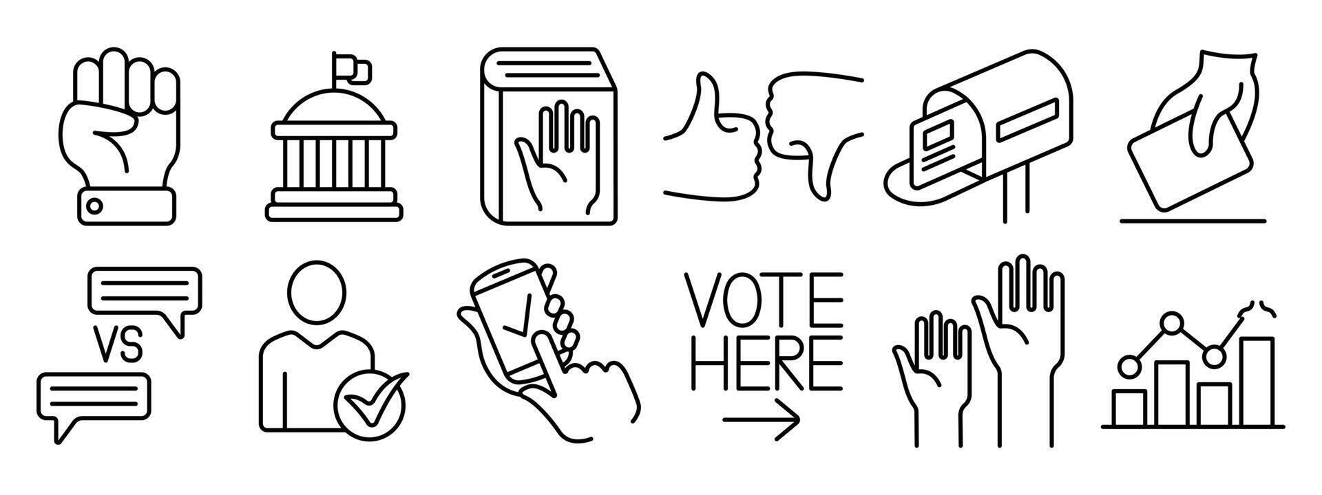 Voting set icon. Election, voting, ballot, mobile voting, debate, candidate, poll, voter registration, election analysis, government, campaign, approval, rejection, mail voting, democracy, politics vector