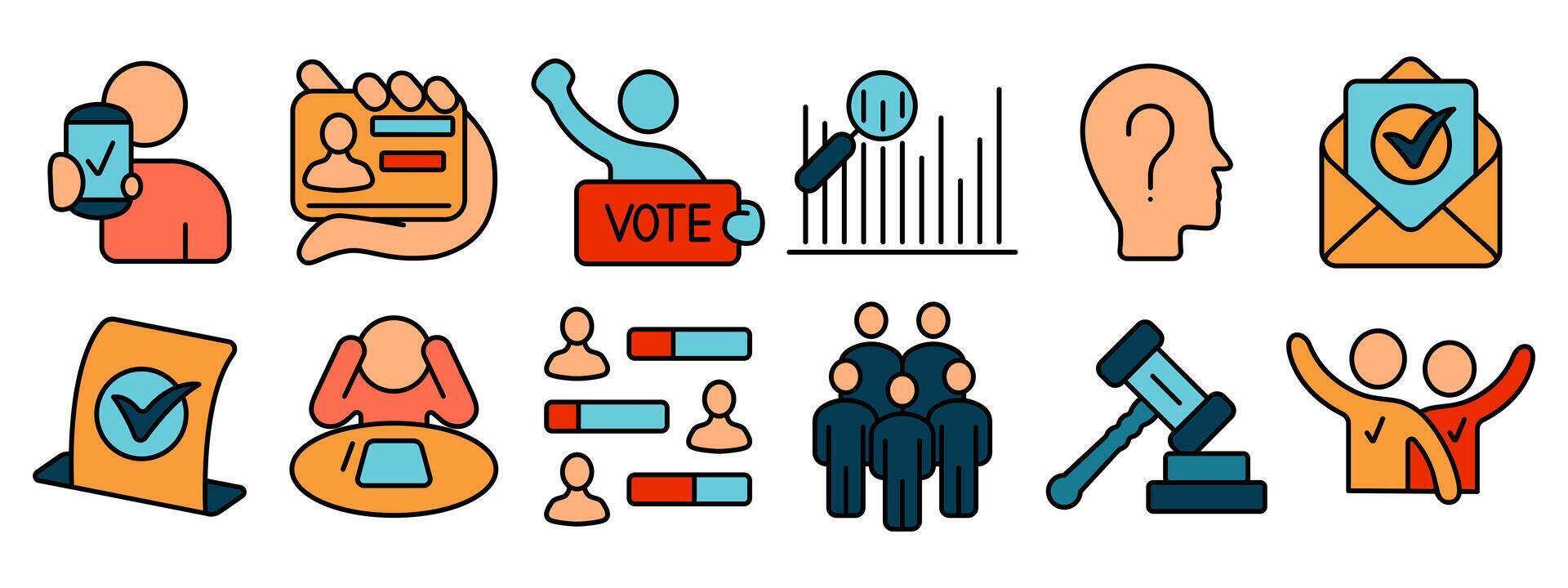 Voting set icon. Mobile voting, voter ID, candidate, voting booth, poll analysis, voter head, election results, ballot, group, vote, law, victory. vector