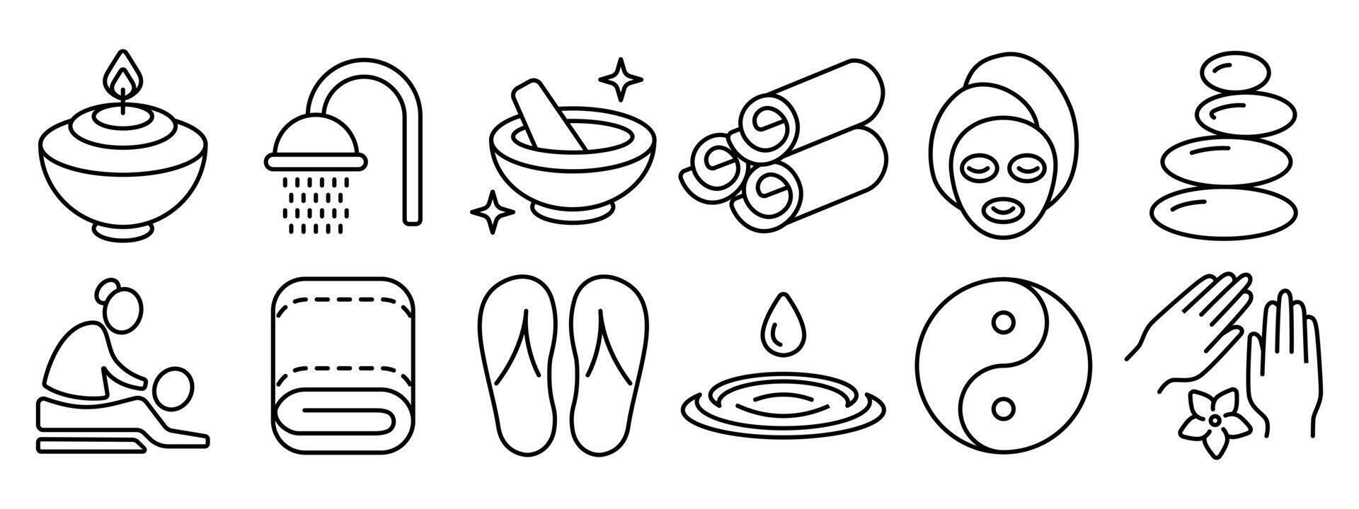Wellness set icon. Aromatherapy, shower, bowl, towels, face mask, stones, massage, towel, flip-flops, water drop, yin-yang, hands, meditation. vector