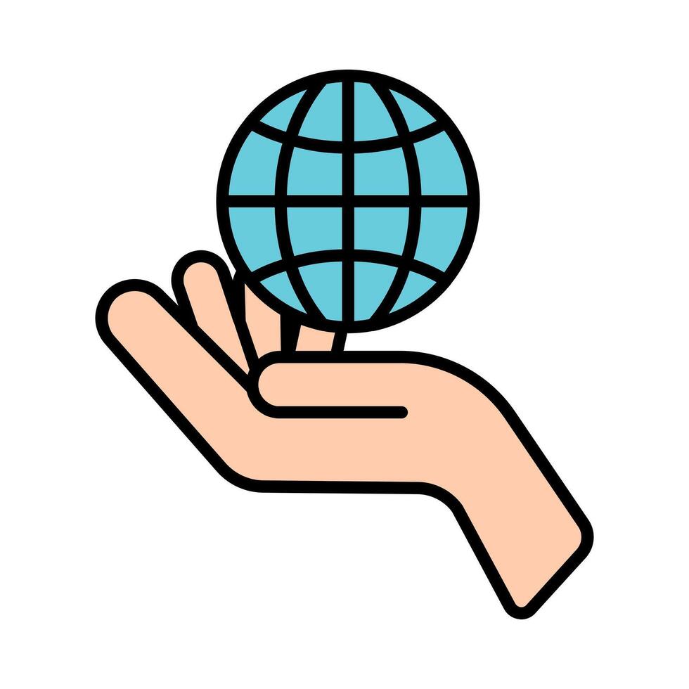 Hand holding globe line icon. World, care, environment, sustainability, global, earth, planet, support, responsibility, protection, hand, globe, symbol, nature, save, conservation, eco, green, care. vector