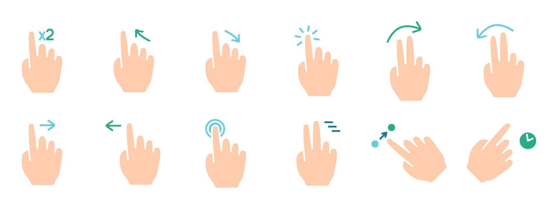 Gesture set icon. Swipe, tap, doubleclick, rotate, pinch, zoom, scroll, gesture, touchscreen, interaction, user interface, hand movement, multitouch, gesture, swipe, pinch, control vector