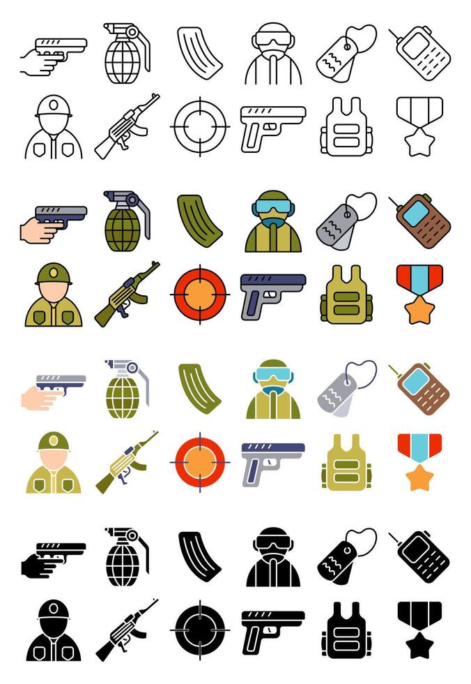 Military set icon. Soldier, grenade, helmet, sniper, dog tags, walkie-talkie, assault rifle, bulletproof vest, medal, target, combat gear. vector
