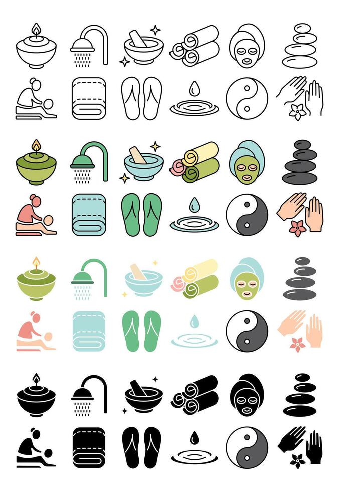Wellness set icon. Candle, shower, bowl, towel, flip flops, water drop, face mask, yin yang, hands, massage, spa, relaxation, aromatherapy, meditation, wellness, skincare, zen, self-care, spa day. vector