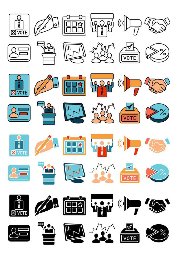 Election set icon. Candidate, vote, calendar, campaign, speech, poll, ballot box, ID card, voter, election, graph, chart, debate, political rally, voter registration, candidate speech, turnout vector
