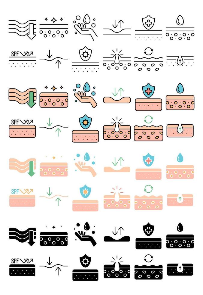 Skincare set icon. Hydration, SPF, sun protection, anti-aging, smoothing, moisturizing, hand care, wrinkle reduction, rejuvenation, barrier, pore cleansing, acne treatment, skincare routine vector