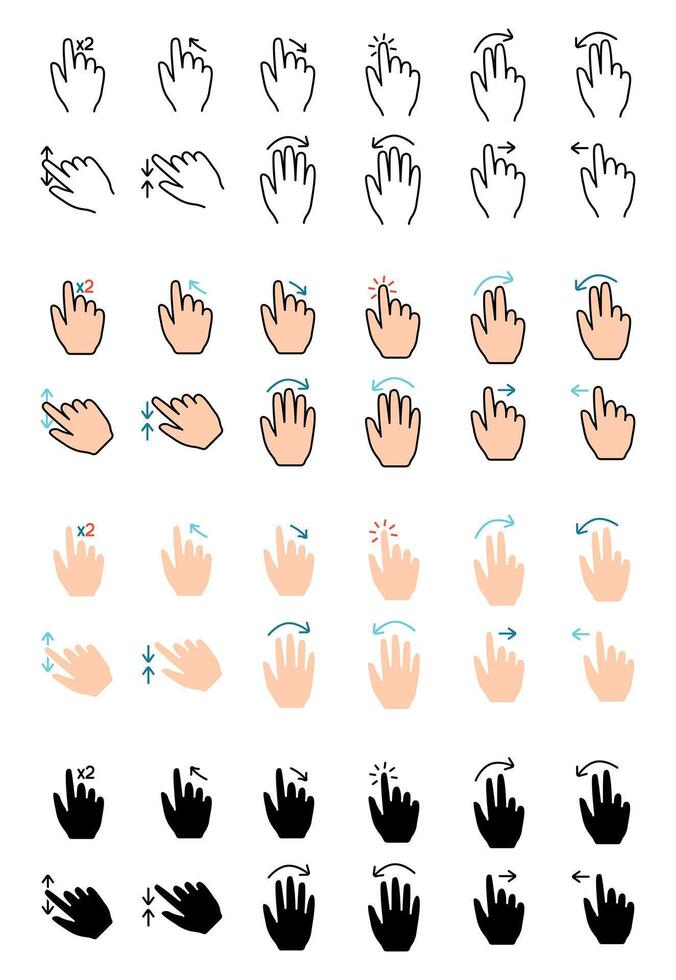 Gesture set icon. Swipe, tap, doubleclick, rotate, pinch, zoom, scroll, gesture, touchscreen, interaction, user interface, hand movement, multitouch, gesture, swipe, pinch, control vector