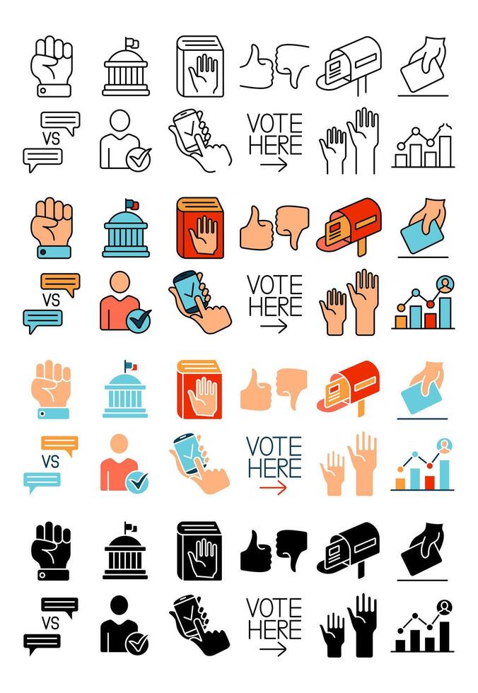 Election set icon. Candidate, vote, calendar, campaign, speech, poll, ballot box, ID card, voter, election, graph, chart, debate, political rally, voter registration, candidate speech, turnout vector