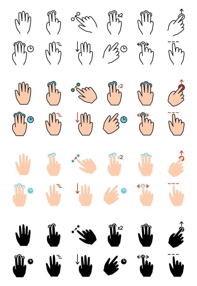 Gesture set icon. Swipe, tap, doubleclick, rotate, pinch, zoom, scroll, gesture, touchscreen, interaction, user interface, hand movement, multitouch, gesture, swipe, pinch, control vector