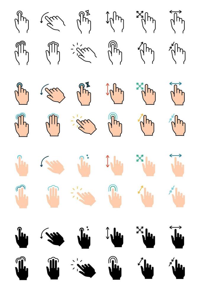 Gesture set icon. Swipe, tap, doubleclick, rotate, pinch, zoom, scroll, gesture, touchscreen, interaction, user interface, hand movement, multitouch, gesture, swipe, pinch, control vector