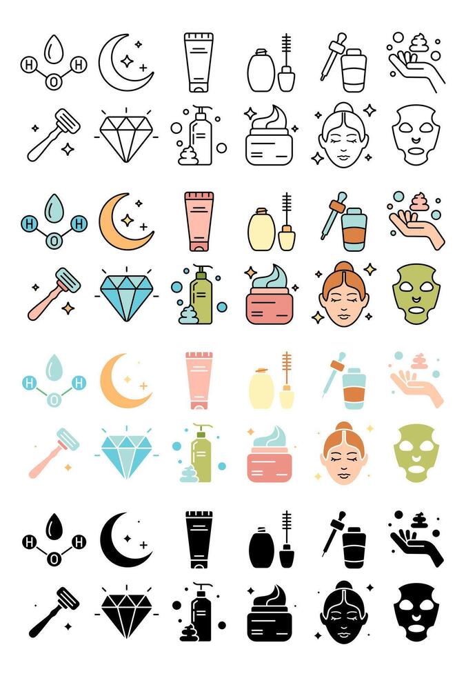Beauty products set icon. Cream, serum, diamond, face mask, night cream, hand lotion, dropper, cosmetic bottle, mascara, facial roller, skincare, moisturizer, beauty, anti-aging, skin care routine vector