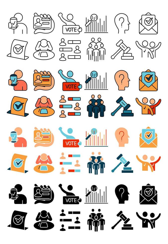Voting icon. Candidate, voting, speech, poll, debate, ID card, ballot, checkmark, crowd, vote, campaign, election, politics, registration, booth, voter turnout, democracy, political rally, government vector