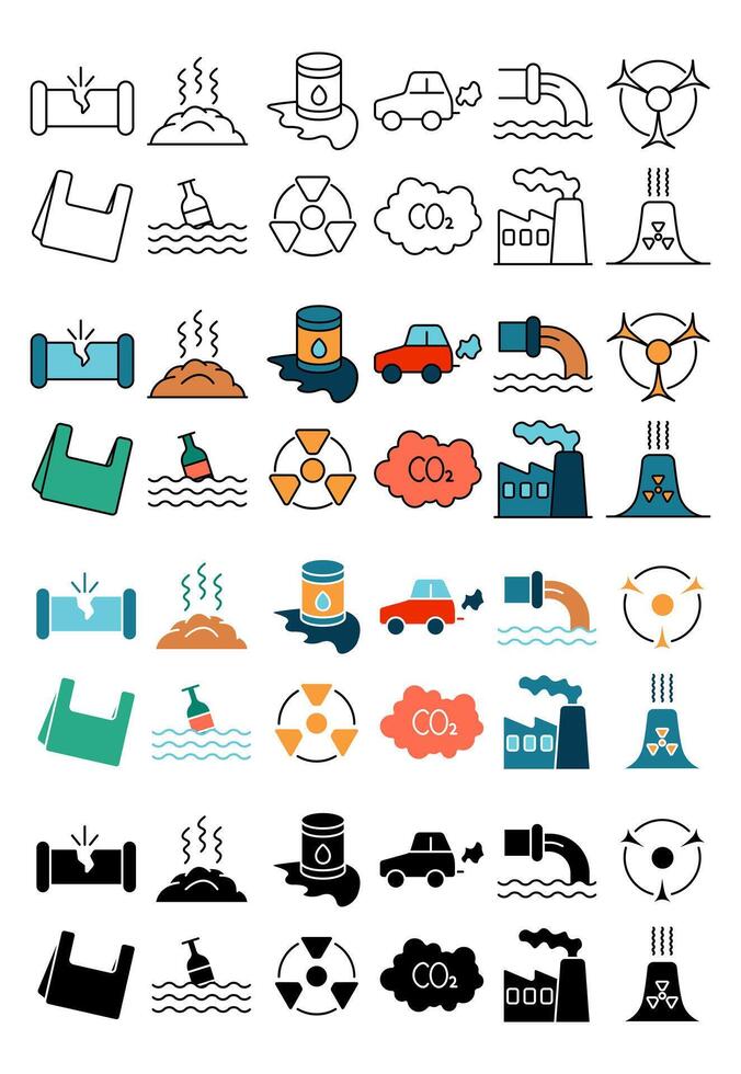 Environmental hazards set icon. Oil spill, landfill, CO2 emissions, factory pollution, nuclear waste, plastic, radiation, climate change, toxic waste, hazardous waste, emissions vector