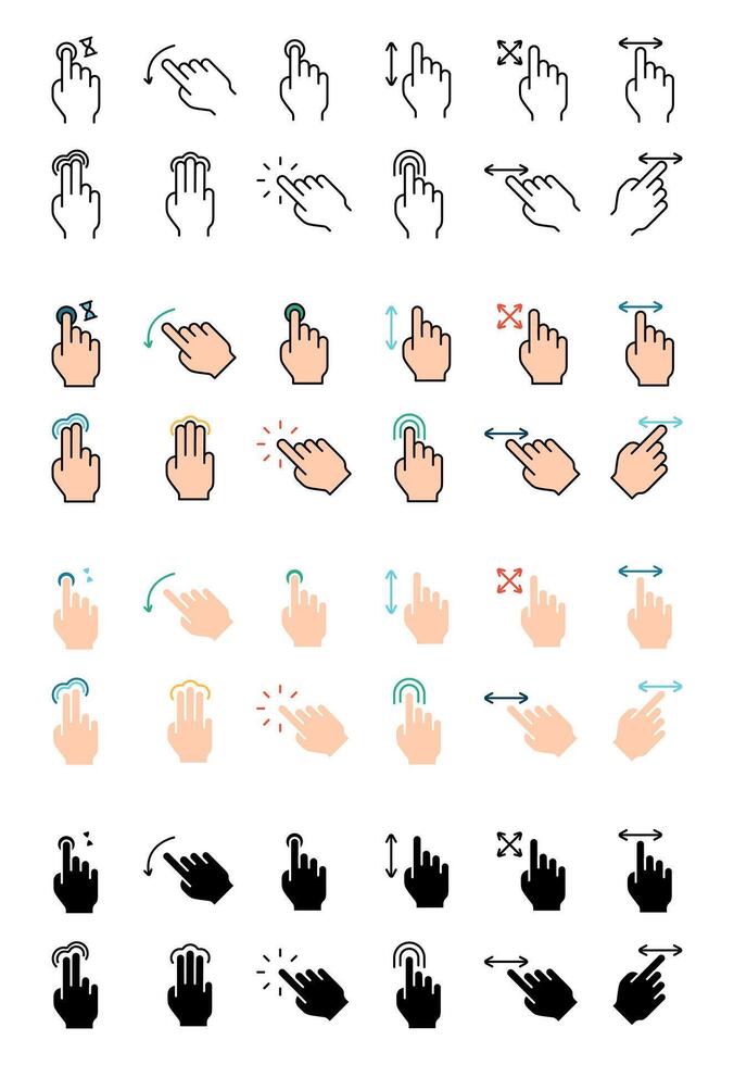Gesture set icon. Swipe, tap, doubleclick, rotate, pinch, zoom, scroll, gesture, touchscreen, interaction, user interface, hand movement, multitouch, gesture, swipe, pinch, control vector