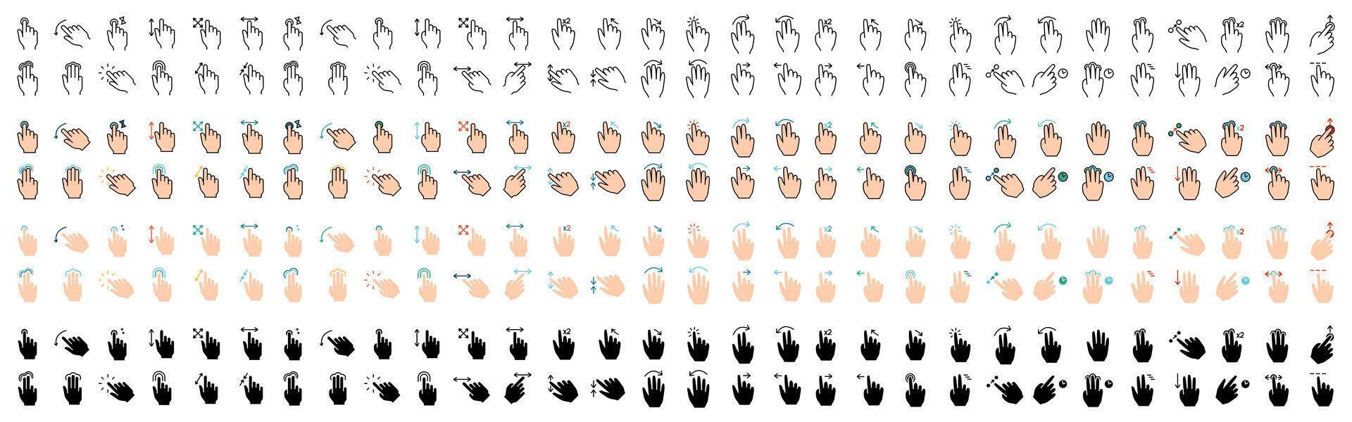 Gesture set icon. Swipe, tap, doubleclick, rotate, pinch, zoom, scroll, gesture, touchscreen, interaction, user interface, hand movement, multitouch, gesture, swipe, pinch, control vector