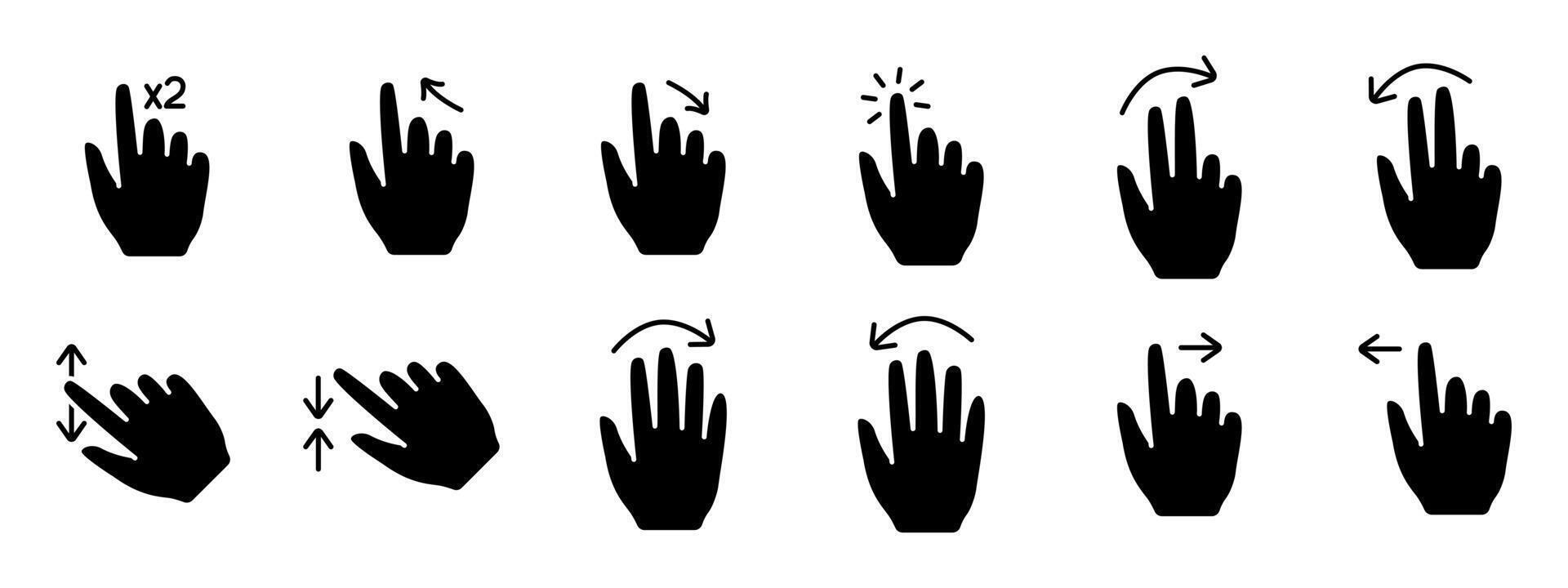 Gesture set icon. Swipe, tap, doubleclick, rotate, pinch, zoom, scroll, gesture, touchscreen, interaction, user interface, hand movement, multitouch, gesture, swipe, pinch, control vector