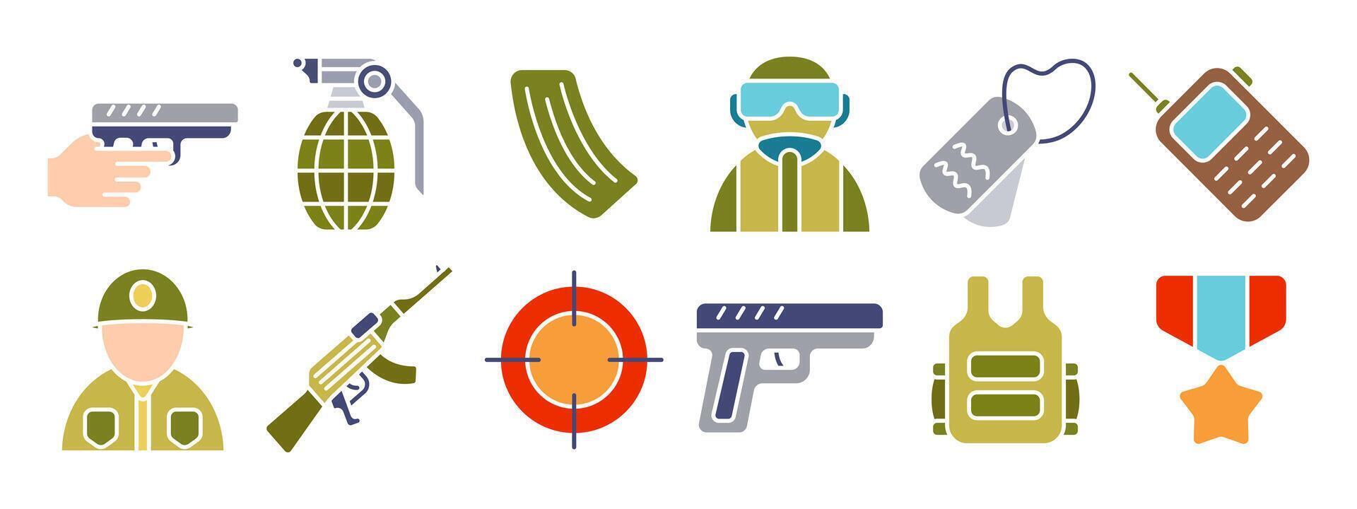 Military set icon. Soldier, handgun, grenade, magazine, sniper, dog tags, radio, helmet, assault rifle, target, bulletproof vest, medal. vector