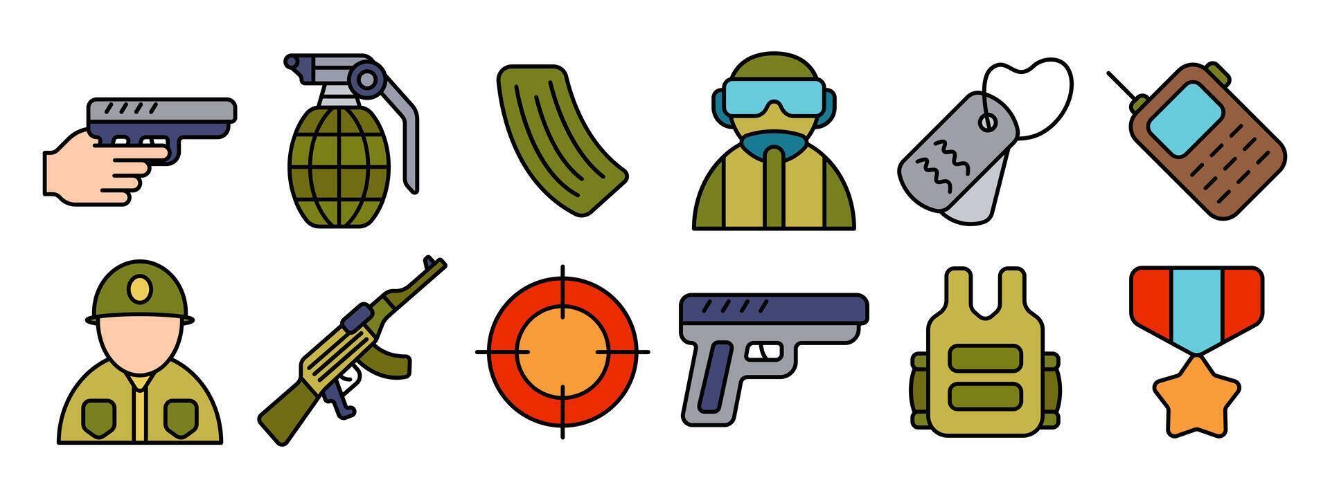 Military set icon. Soldier, handgun, grenade, magazine, sniper, dog tags, radio, helmet, assault rifle, target, bulletproof vest, medal. vector