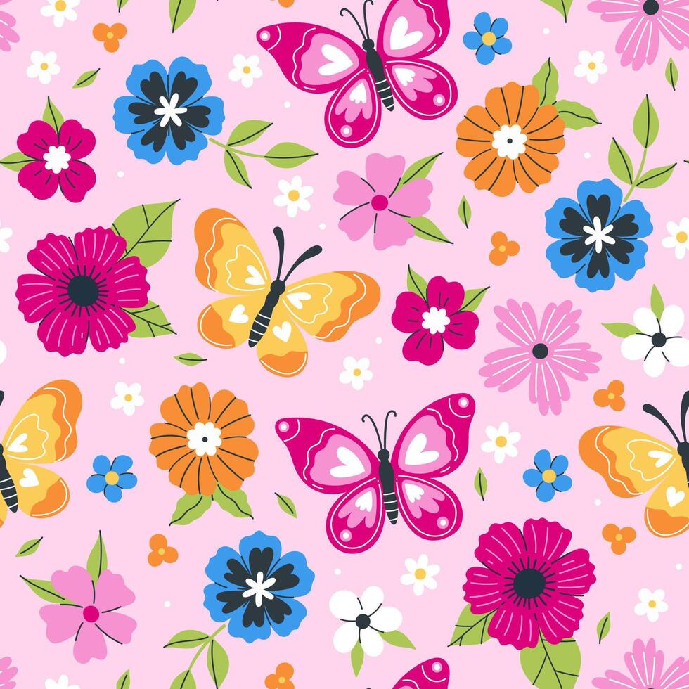 Bright seamless pattern with butterflies and flowers. graphics. vector
