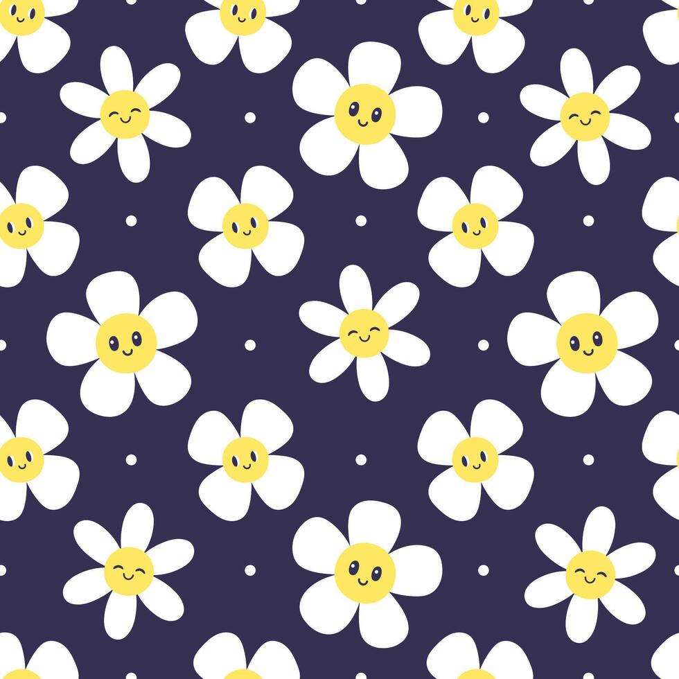 Seamless pattern with white smiling flowers. graphics. vector