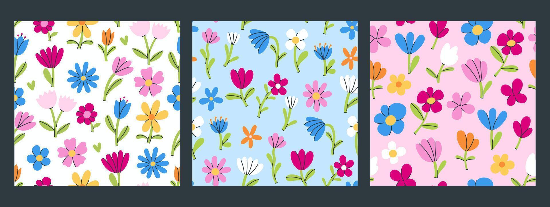 Set of seamless patterns with flowers of different shapes. graphics. vector