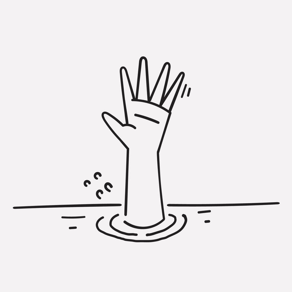 hand drawn doodle a drowning persons hand asks for help vector