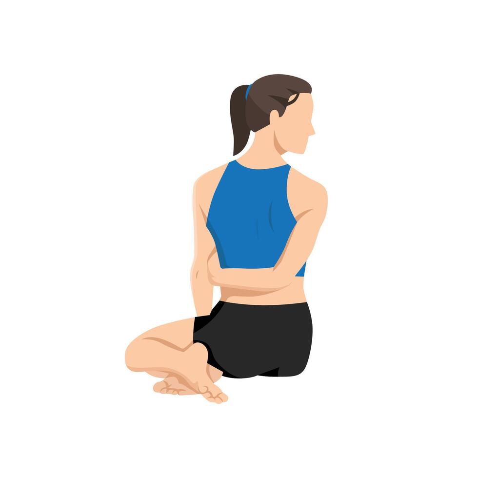 Woman doing Sage Pose sanskrit or Bharadvajasana or bharadvaja twist. vector