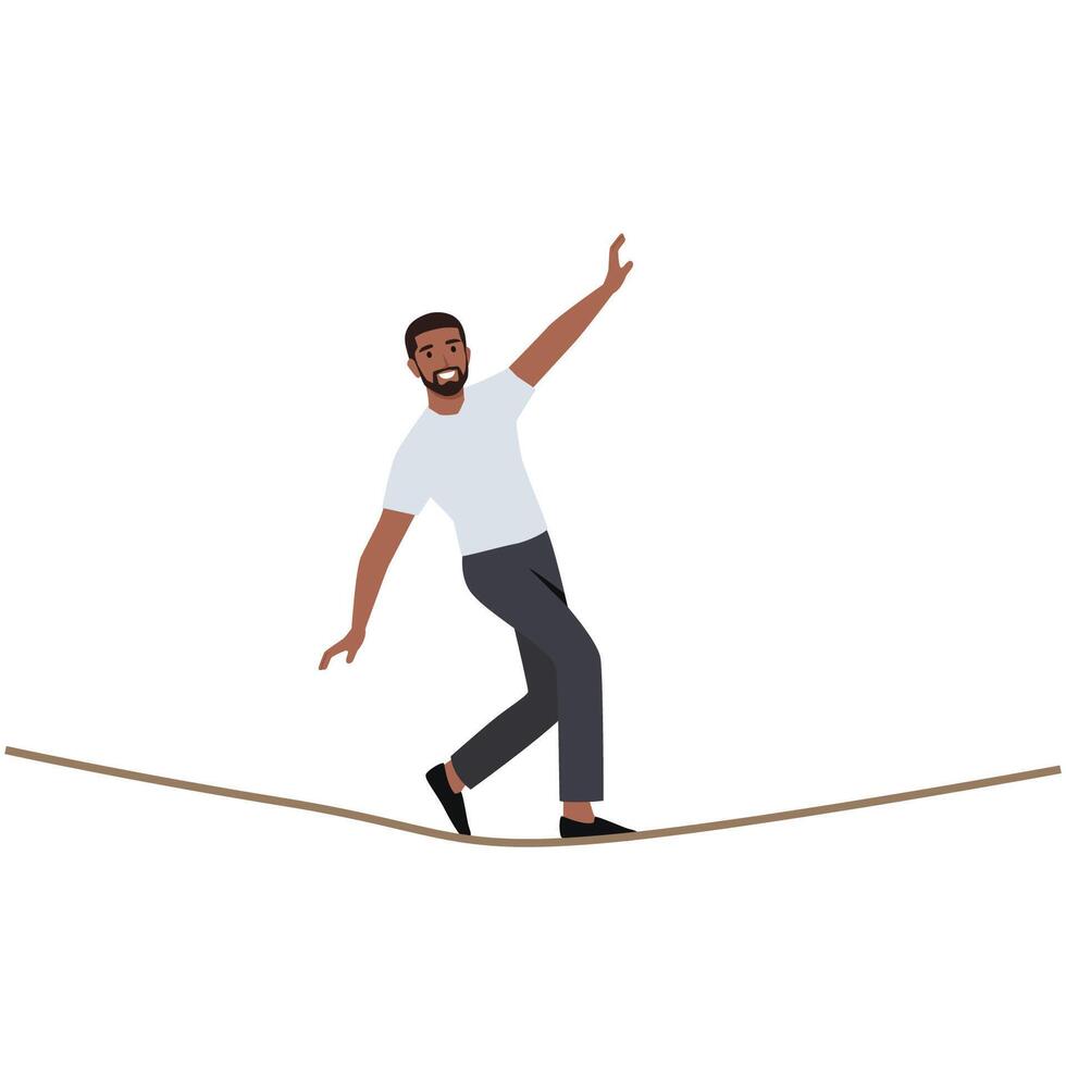 Young businessman walking on balancing slackline rope. vector