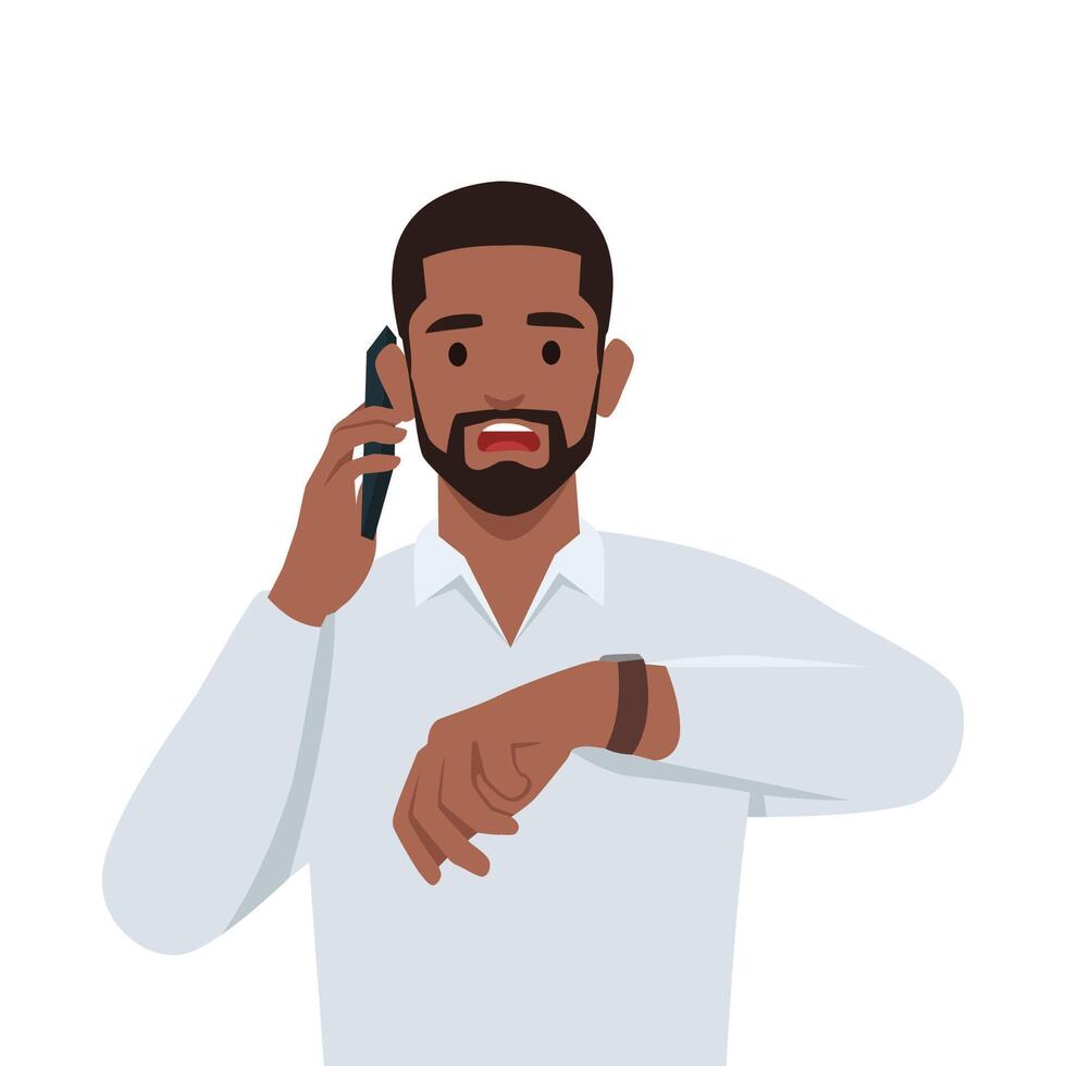 Stressed bearded man talking by phone while looking at watch. vector