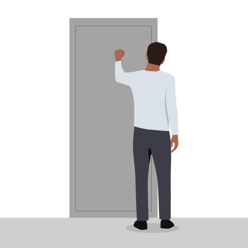 Young man knocks on door when comes to visit friend or company office to get job. vector