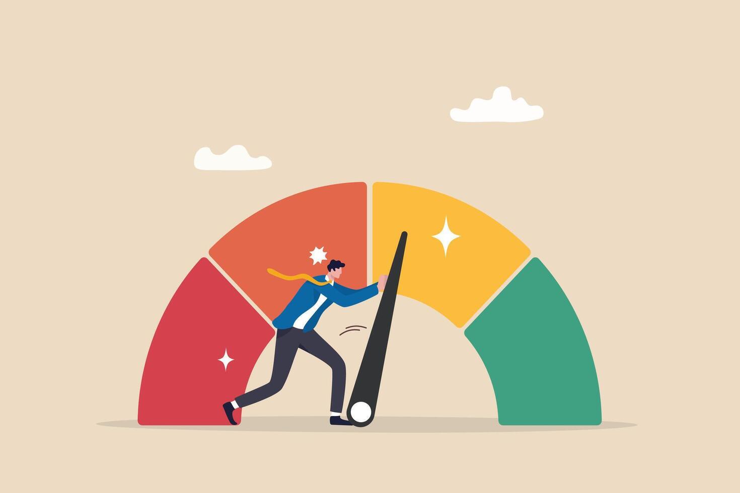 Push skill level, credit score or increase performance, improvement or effort to be better, excellent customer feedback review, gauge scale rating concept, businessman pushing skill performance gauge. vector