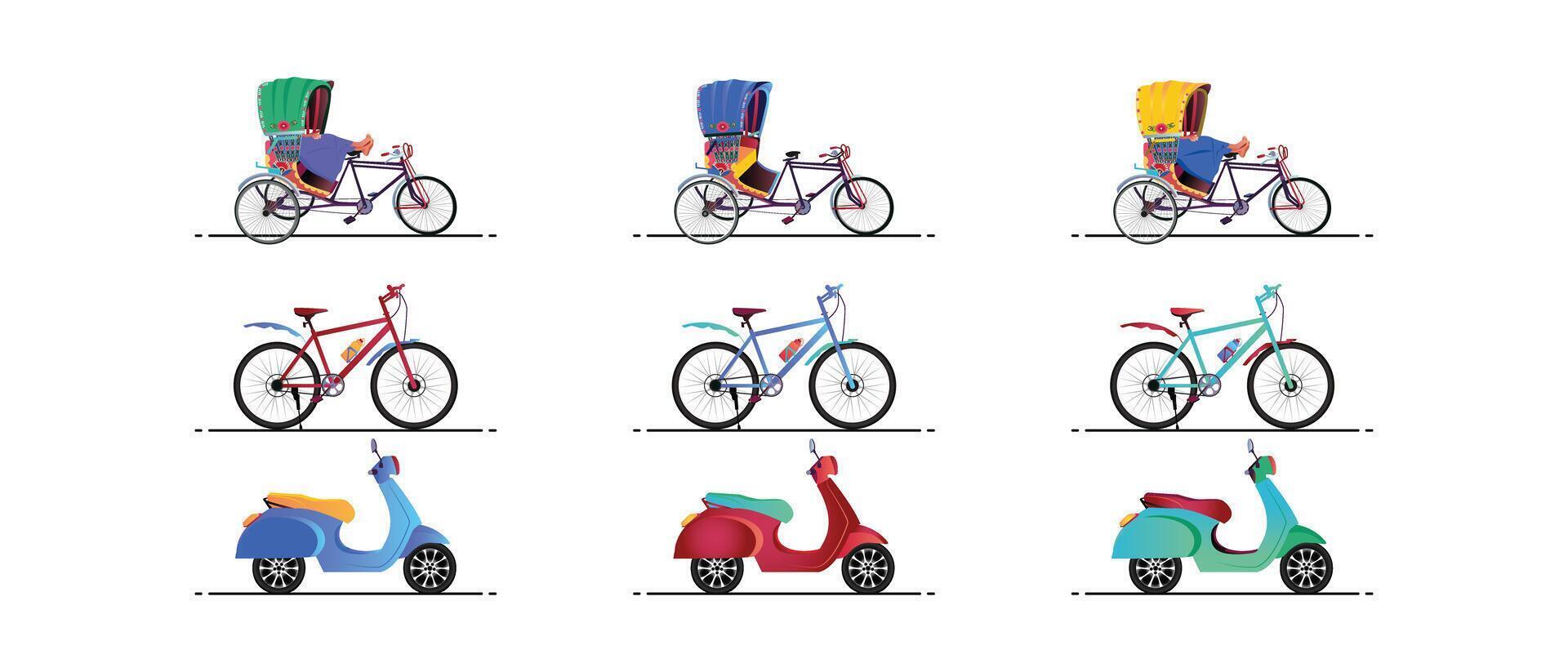 A set of Two wheelers, Bicycle scooter and rickshaw illustrations Bangladeshi Rickshaw art Tri cycle of Dhaka city vector