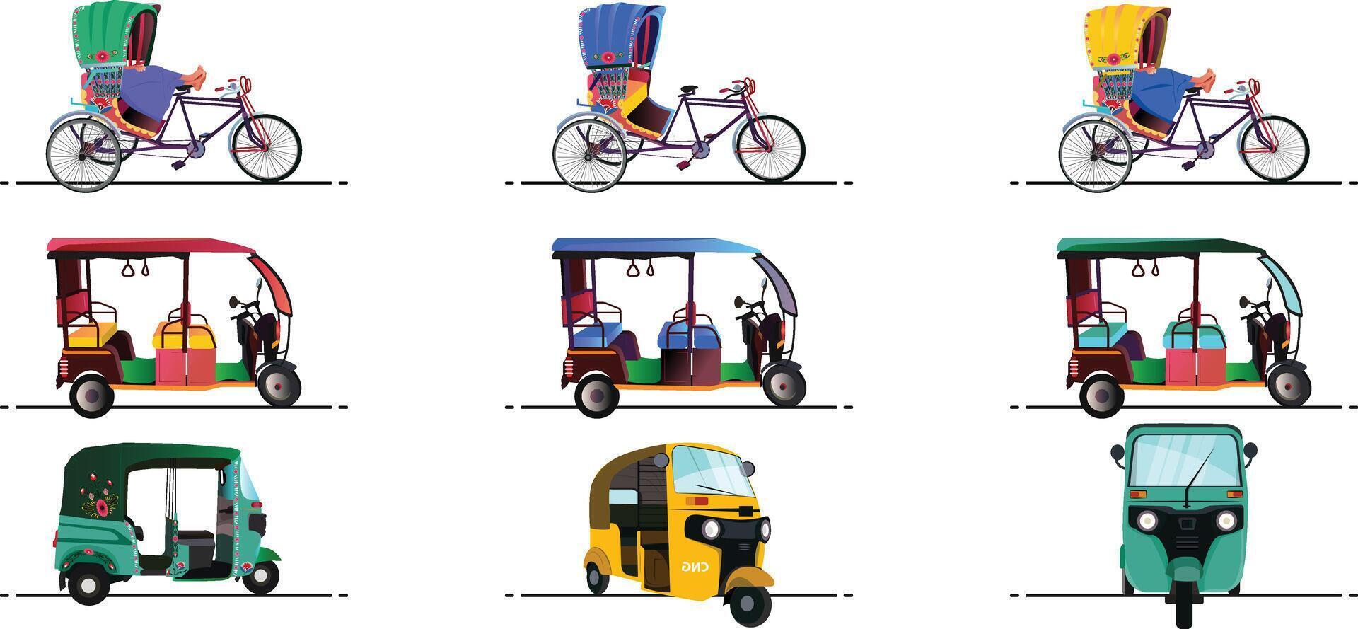 Set of Three wheelers yellow and green auto rickshaw, Tuk tuk Indian rickshaw, side view illustrations in India vector
