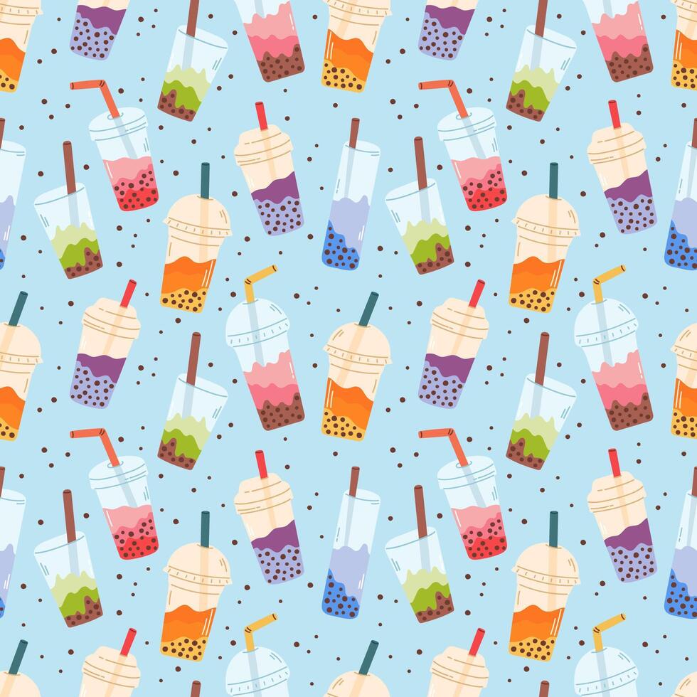 Pattern with bubble tea drinks in plastic glasses vector