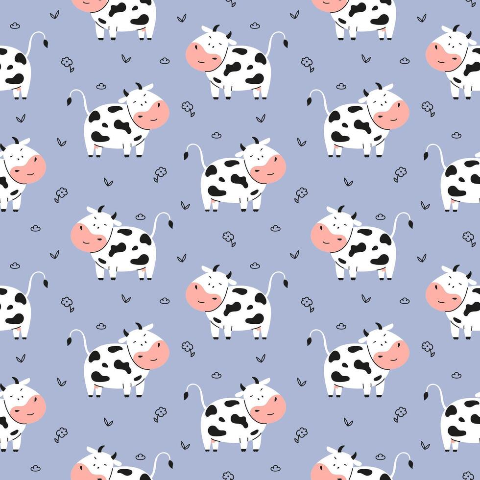 Cute cow seamless pattern with flower and leaf vector