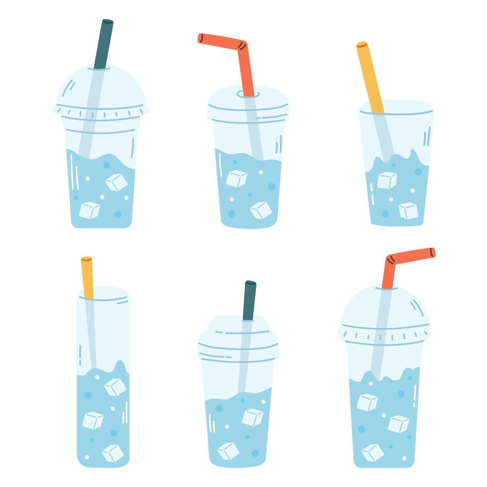 Water with ice in plastic or glass cups with straw vector