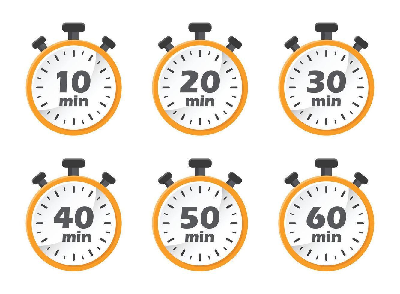 From 10 minutes to 60 minutes on stopwatch icon in flat style. Clock face timer illustration on isolated background. Countdown sign business concept. vector