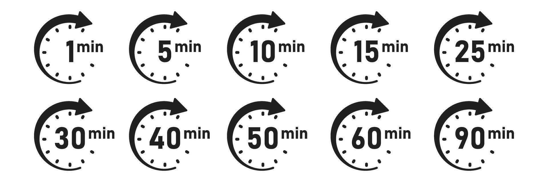 From 1 minite to 90 minutes on stopwatch icon in flat style. Clock face timer illustration on isolated background. Countdown sign business concept. vector