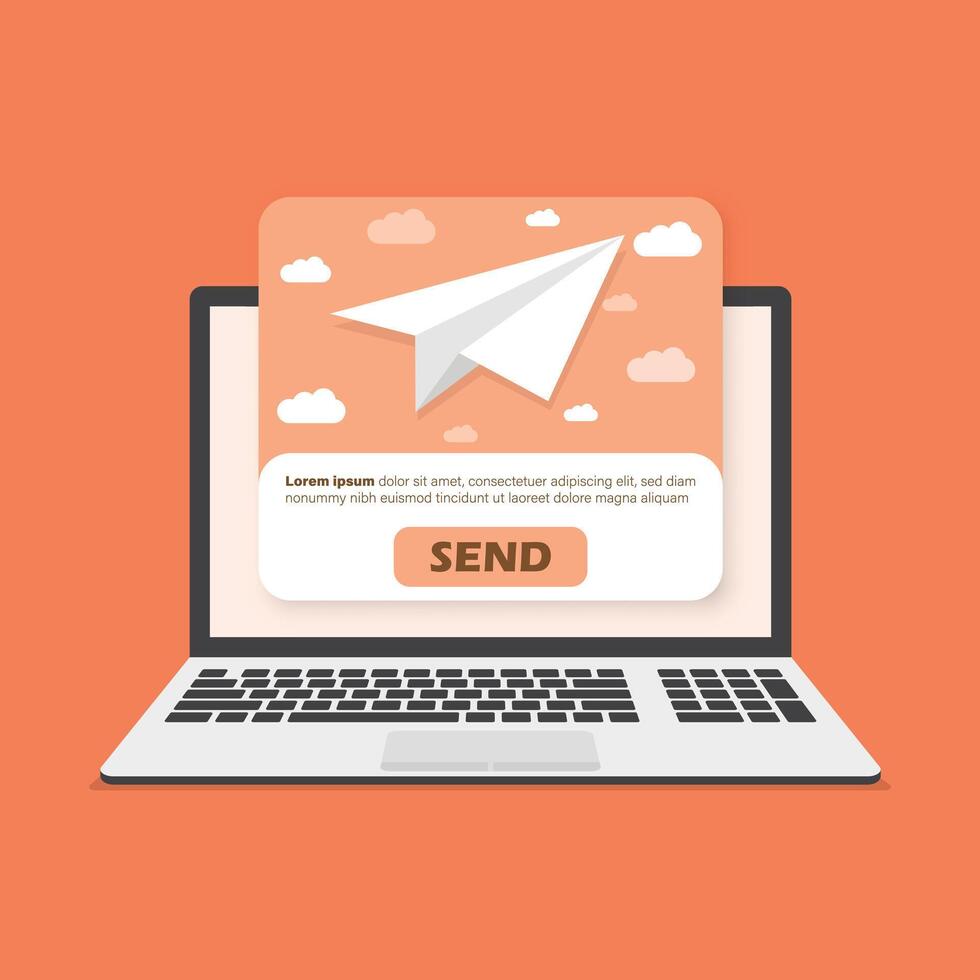 Banner of email marketing with laptop computer icon in flat style. Subscription to newsletter illustration on isolated background. Subscribe, submit sign business concept. vector