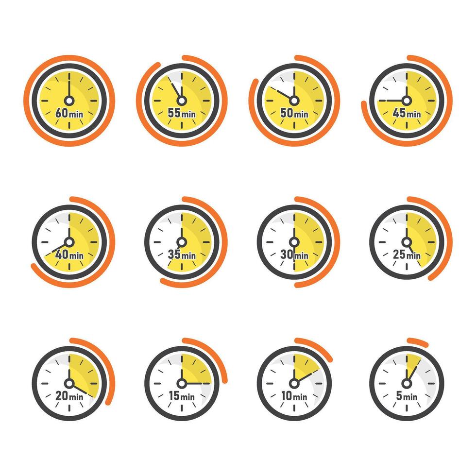 From 5 minutes to 60 minutes on stopwatch icon in flat style. Clock face timer illustration on isolated background. Countdown sign business concept. vector