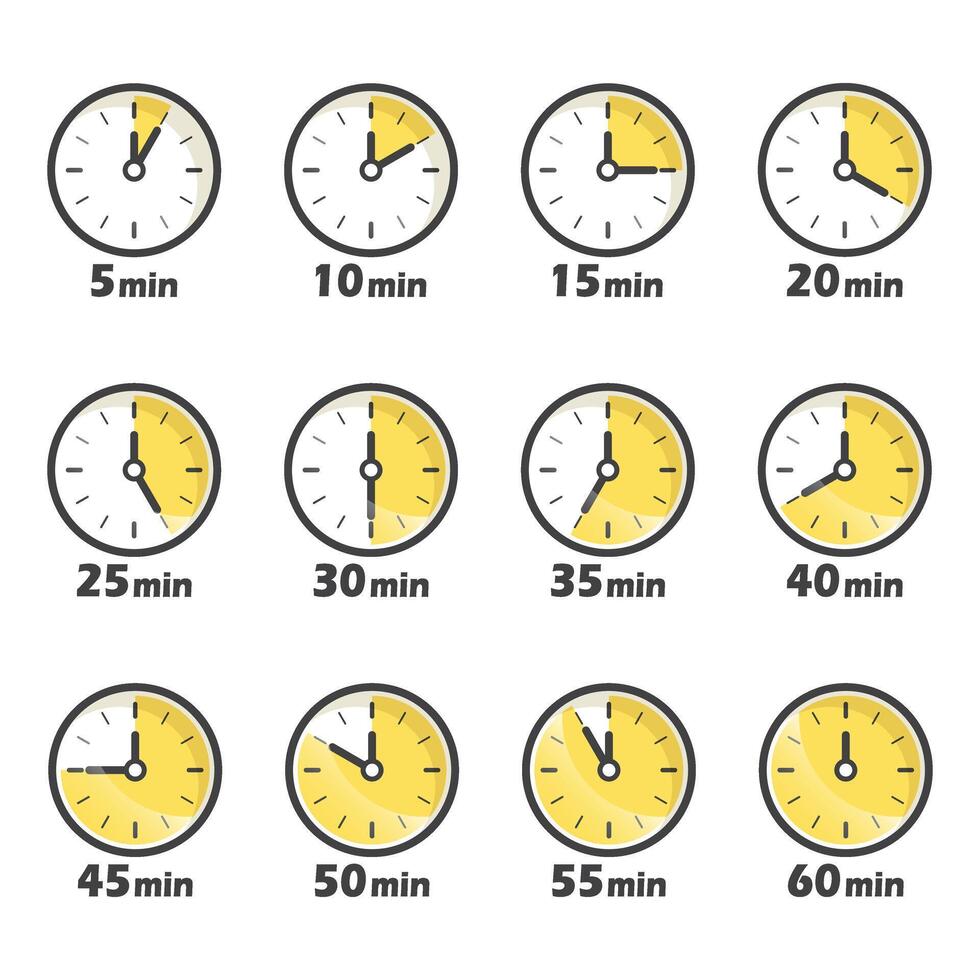 From 5 minutes to 60 minutes on stopwatch icon in flat style. Clock face timer illustration on isolated background. Countdown sign business concept. vector