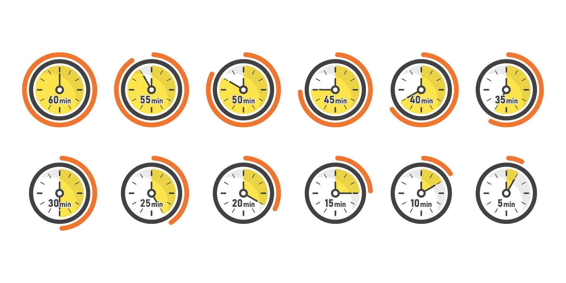 From 5 minutes to 60 minutes on stopwatch icon in flat style. Clock face timer illustration on isolated background. Countdown sign business concept. vector