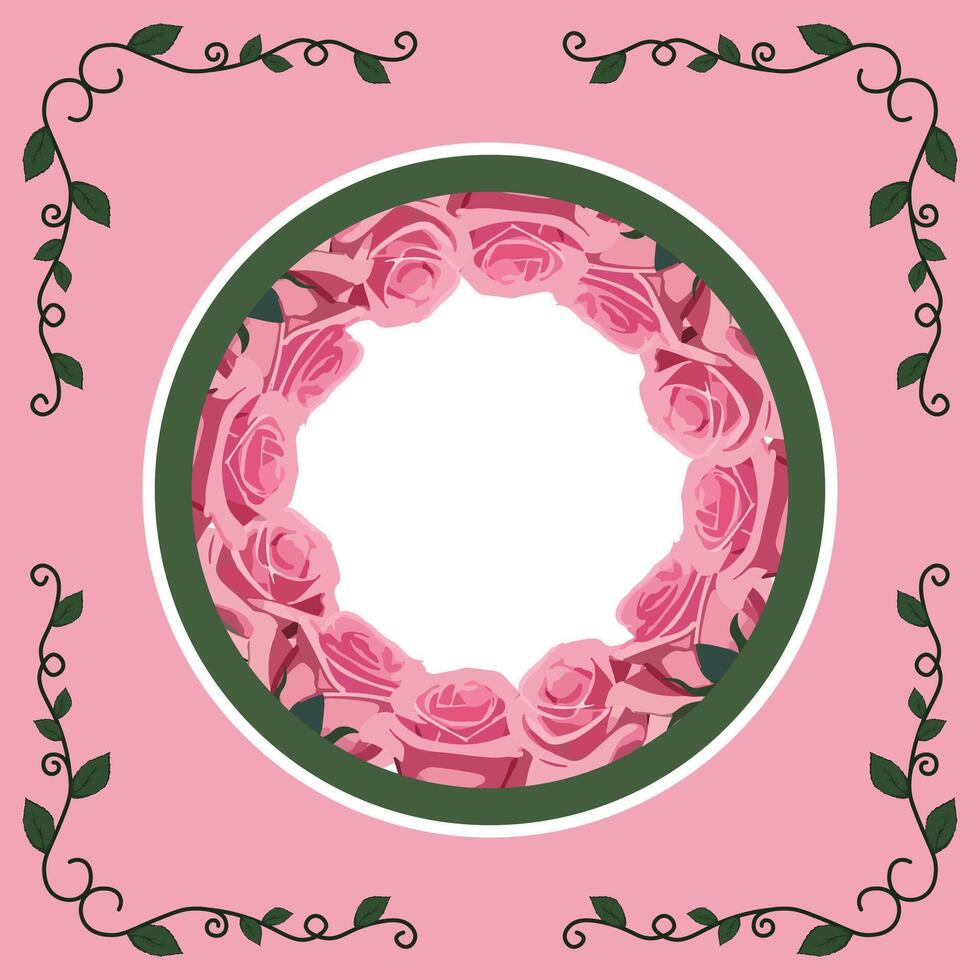 round frame with pink roses,green leaves and curls vector