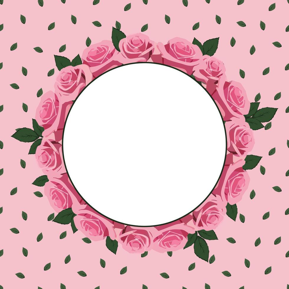 round frame with pink roses,green leaves on a pink background vector